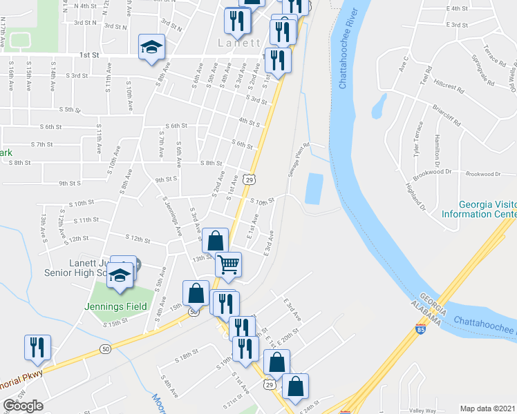 map of restaurants, bars, coffee shops, grocery stores, and more near 1002 East 1st Avenue in Lanett