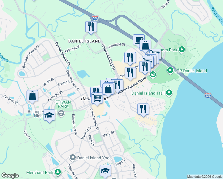 map of restaurants, bars, coffee shops, grocery stores, and more near 100 Bucksley Lane in Charleston