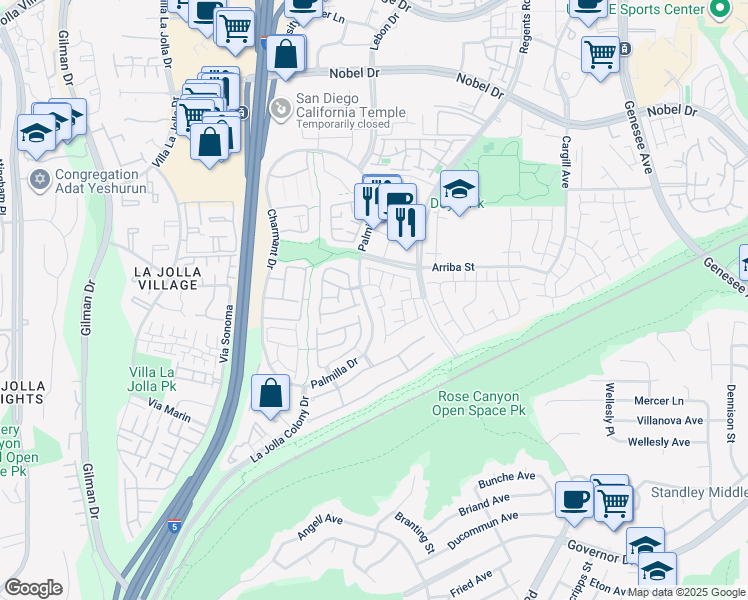 map of restaurants, bars, coffee shops, grocery stores, and more near 4145 Porte De Merano in San Diego