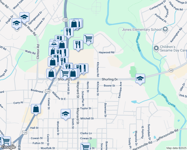 map of restaurants, bars, coffee shops, grocery stores, and more near 990 Shurling Drive in Macon
