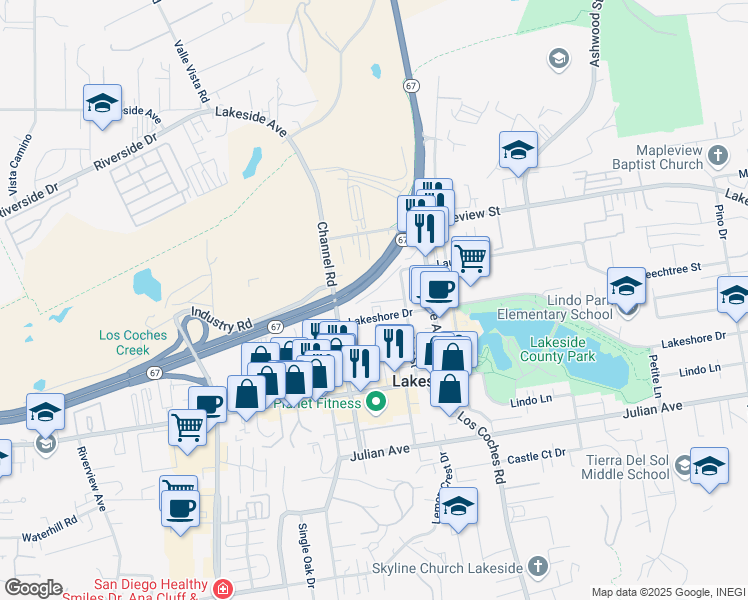 map of restaurants, bars, coffee shops, grocery stores, and more near 10046 River Street in Lakeside