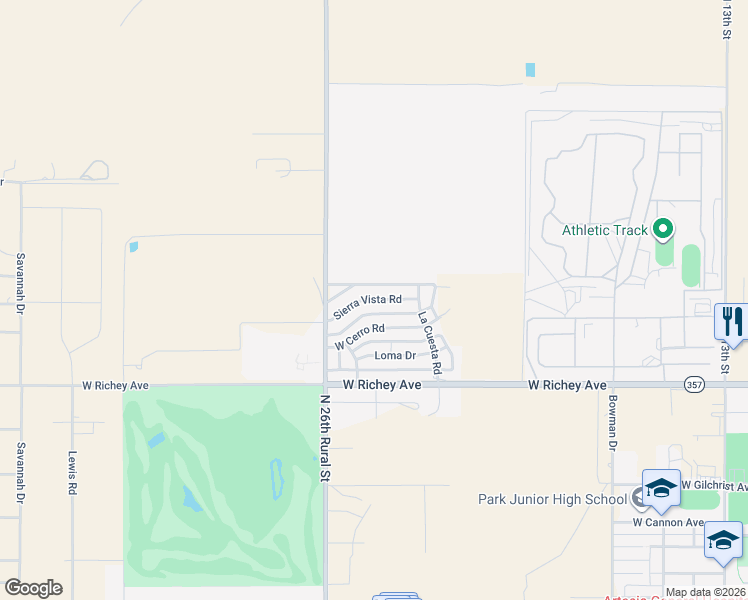 map of restaurants, bars, coffee shops, grocery stores, and more near 2404 Sierra Vista Road in Artesia