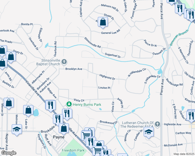 map of restaurants, bars, coffee shops, grocery stores, and more near 583 Marjorie Place in Macon