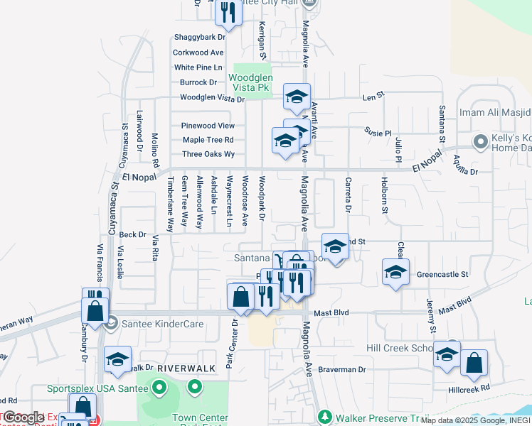 map of restaurants, bars, coffee shops, grocery stores, and more near 10051 Woodpark Drive in Santee