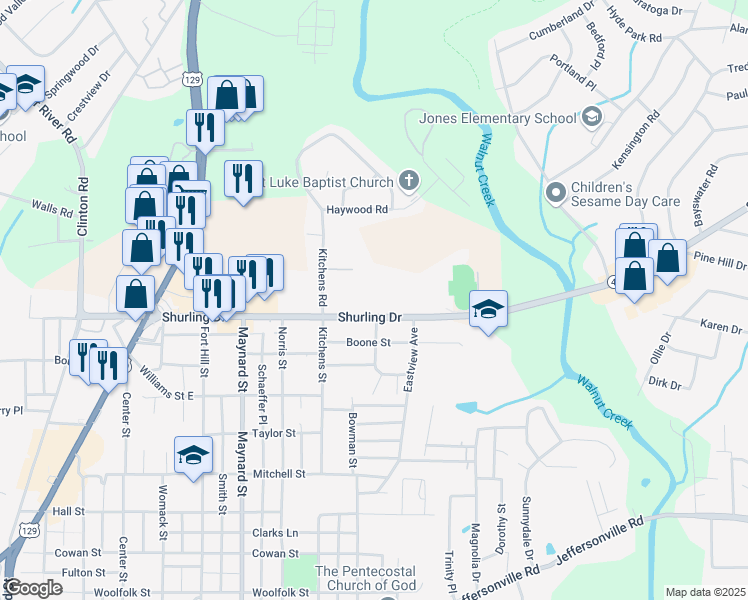 map of restaurants, bars, coffee shops, grocery stores, and more near 1030 Shurling Drive in Macon