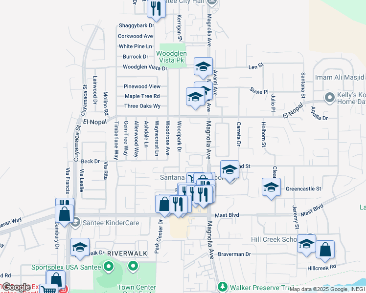 map of restaurants, bars, coffee shops, grocery stores, and more near 10051 Woodpark Drive in Santee