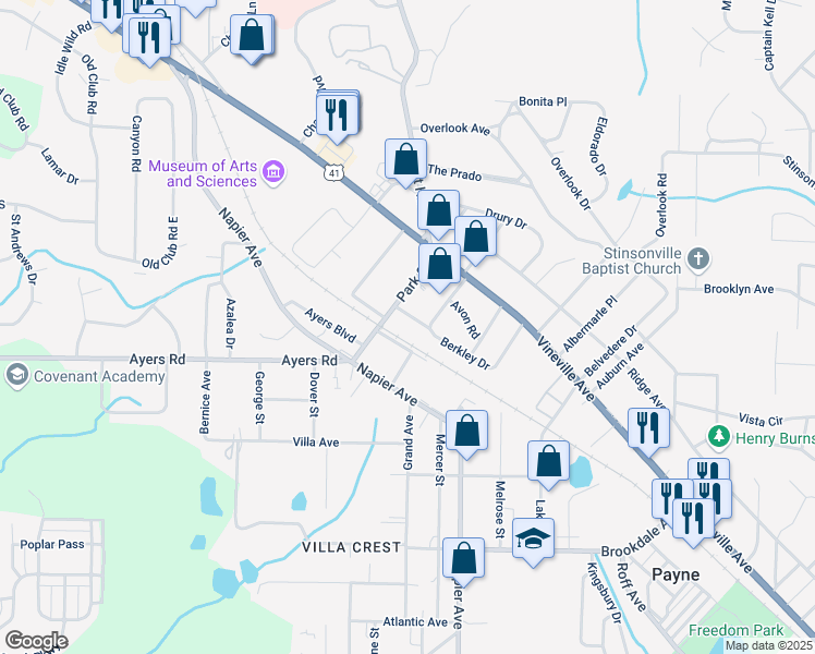 map of restaurants, bars, coffee shops, grocery stores, and more near 3848 Berkley Drive in Macon