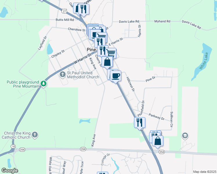 map of restaurants, bars, coffee shops, grocery stores, and more near 209 West State Street in Pine Mountain