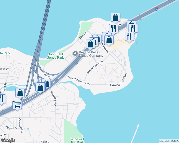 map of restaurants, bars, coffee shops, grocery stores, and more near 5821 Marvin Loving Drive in Garland