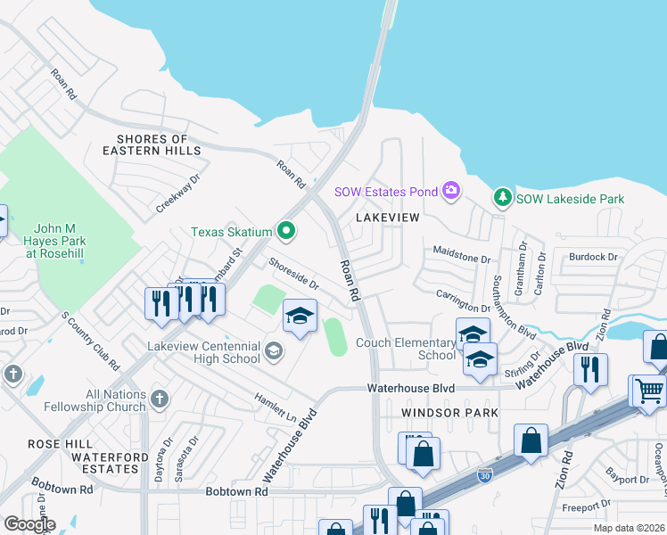 map of restaurants, bars, coffee shops, grocery stores, and more near 3401 Roan Road in Garland