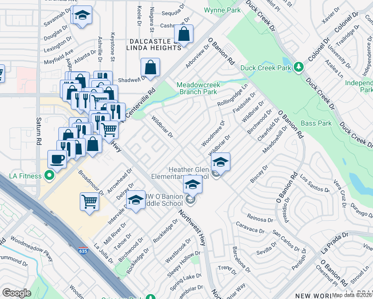 map of restaurants, bars, coffee shops, grocery stores, and more near 469 Brookview Drive in Garland