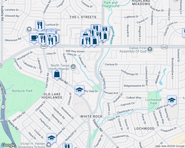 map of restaurants, bars, coffee shops, grocery stores, and more near 8206-8208 Lullwater Drive in Dallas