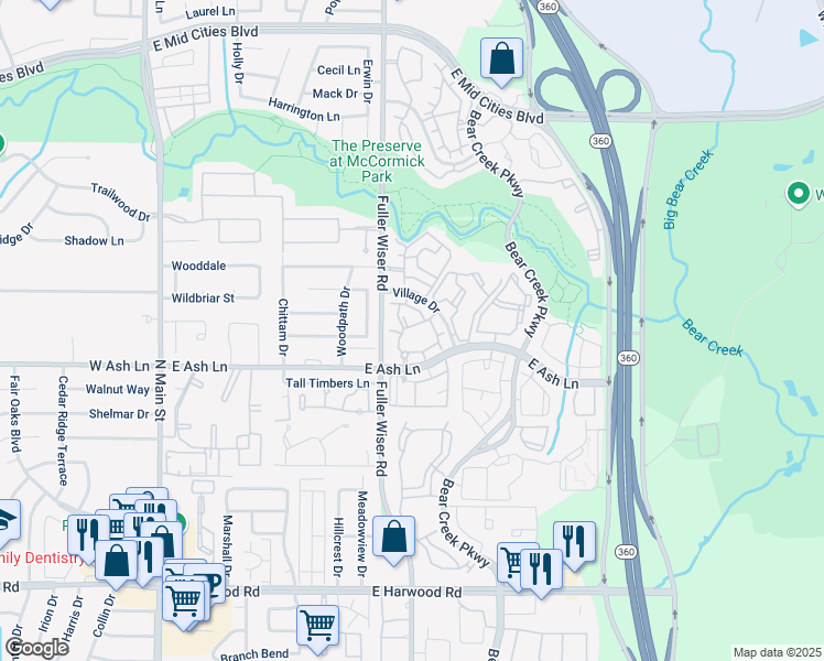 map of restaurants, bars, coffee shops, grocery stores, and more near 601 East Ash Lane in Euless
