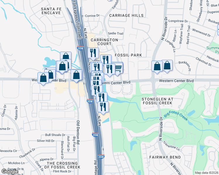 map of restaurants, bars, coffee shops, grocery stores, and more near 3300 Pinehurst Trail in Fort Worth