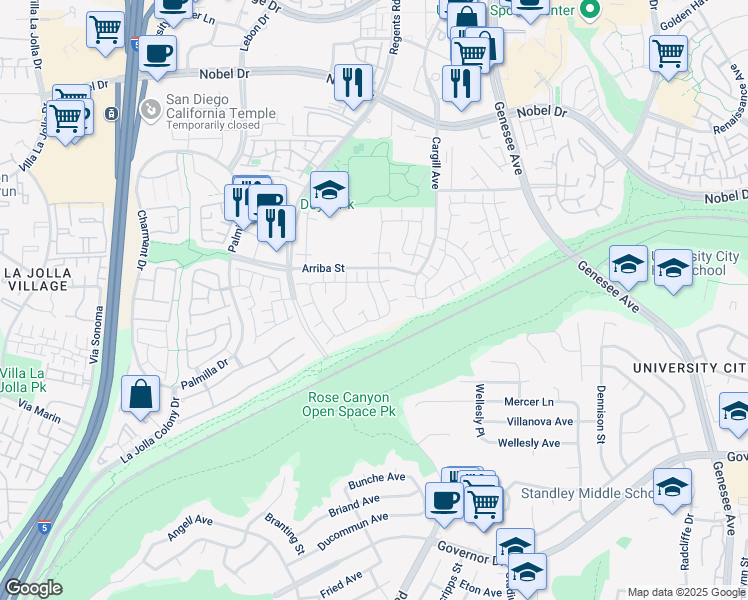 map of restaurants, bars, coffee shops, grocery stores, and more near 7854 Camino Tranquilo in San Diego