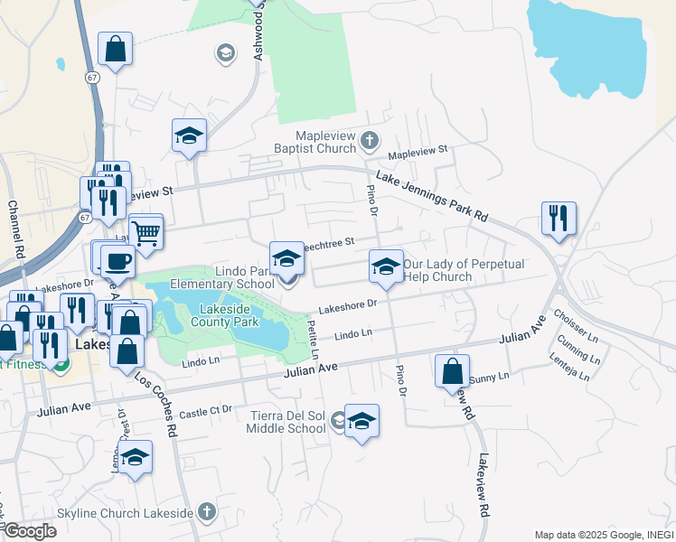 map of restaurants, bars, coffee shops, grocery stores, and more near 13045 Shenandoah Drive in Lakeside