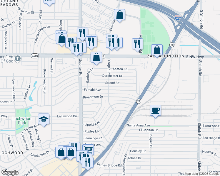 map of restaurants, bars, coffee shops, grocery stores, and more near 11616 Strand Street in Dallas