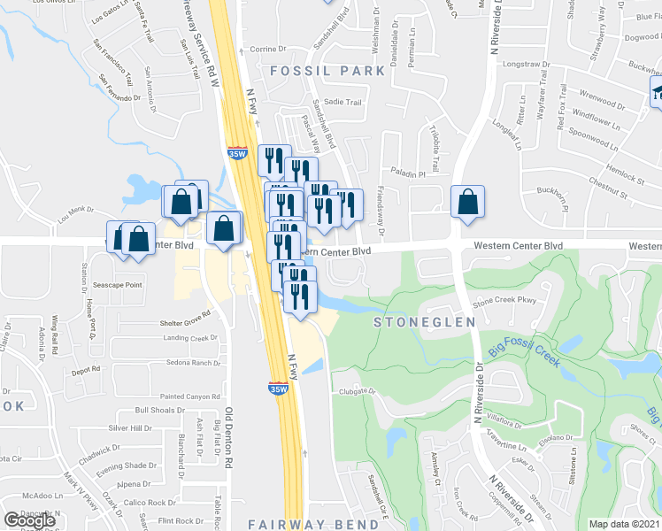 map of restaurants, bars, coffee shops, grocery stores, and more near 3309 Augusta Lane in Fort Worth