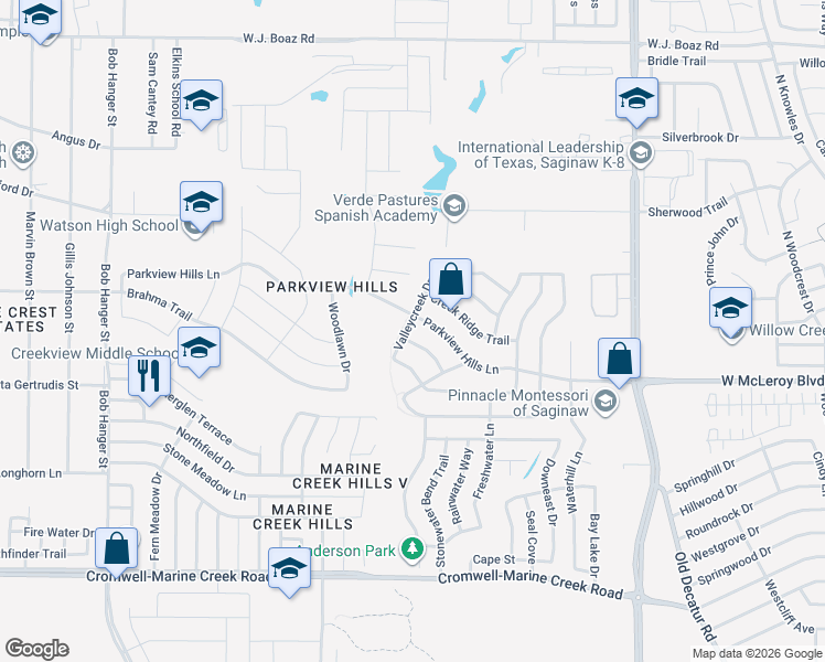 map of restaurants, bars, coffee shops, grocery stores, and more near 6824 Valley Creek Drive in Fort Worth