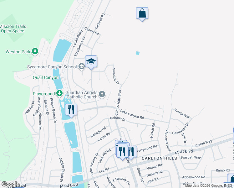 map of restaurants, bars, coffee shops, grocery stores, and more near 10059 Carlton Hills Boulevard in Santee
