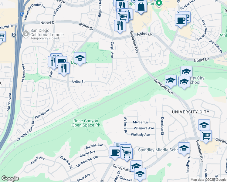 map of restaurants, bars, coffee shops, grocery stores, and more near 7849 Camino Glorita in San Diego