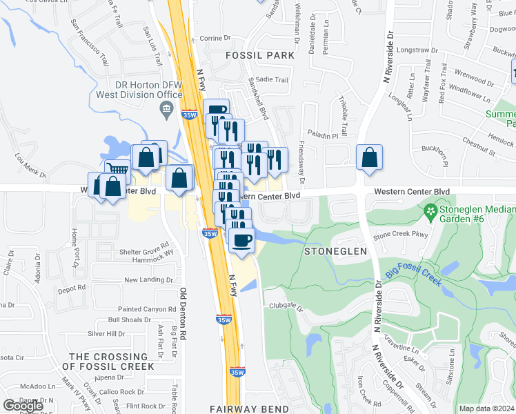map of restaurants, bars, coffee shops, grocery stores, and more near 3300 Pinehurst Trail in Fort Worth