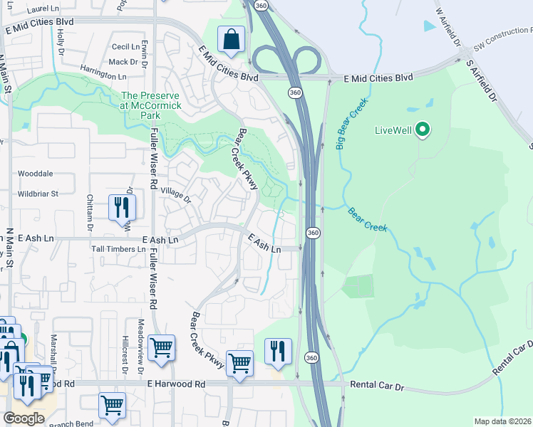 map of restaurants, bars, coffee shops, grocery stores, and more near 911 Brook Forest Lane in Euless
