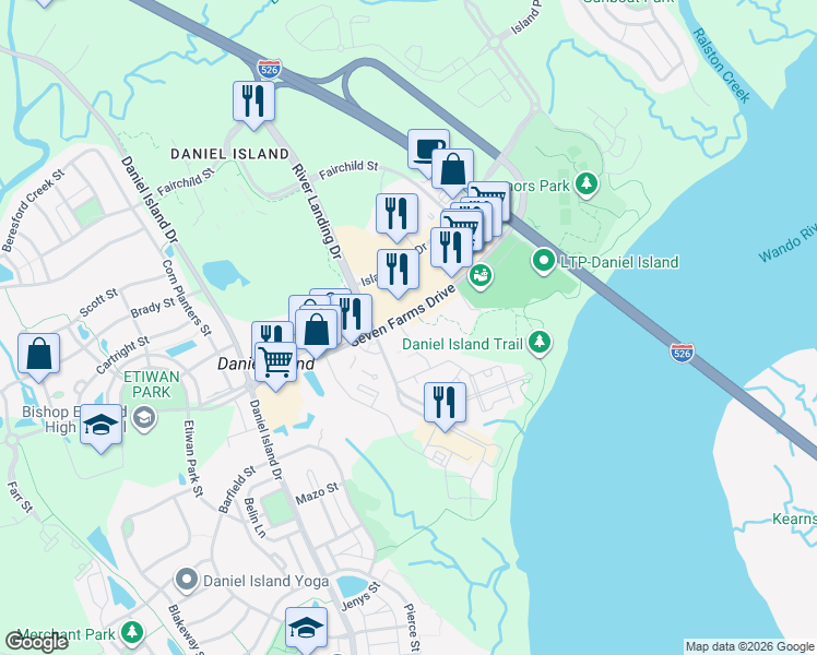 map of restaurants, bars, coffee shops, grocery stores, and more near 211 Seven Farms Drive in Charleston