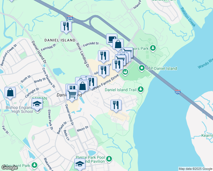 map of restaurants, bars, coffee shops, grocery stores, and more near 211 Seven Farms Drive in Charleston