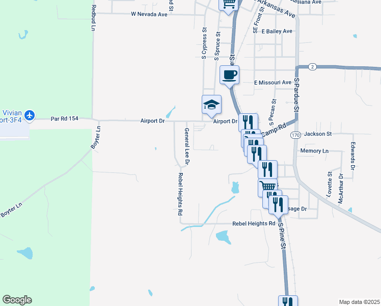 map of restaurants, bars, coffee shops, grocery stores, and more near 117 General Lee Drive in Vivian