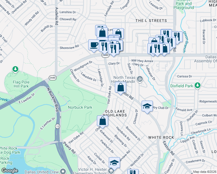 map of restaurants, bars, coffee shops, grocery stores, and more near 210 Easton Road in Dallas