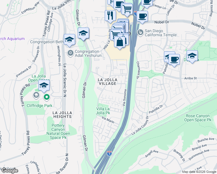 map of restaurants, bars, coffee shops, grocery stores, and more near 8461 Via Mallorca in San Diego