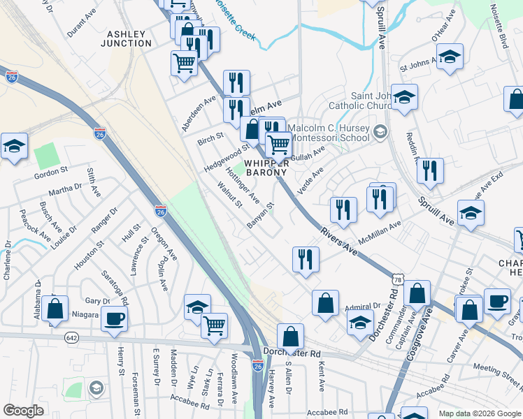 map of restaurants, bars, coffee shops, grocery stores, and more near 3811 Hottinger Avenue in North Charleston