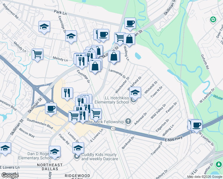map of restaurants, bars, coffee shops, grocery stores, and more near 6838 Kingsbury Drive in Dallas