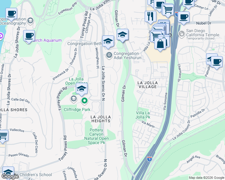 map of restaurants, bars, coffee shops, grocery stores, and more near 8456 Sugarman Drive in San Diego
