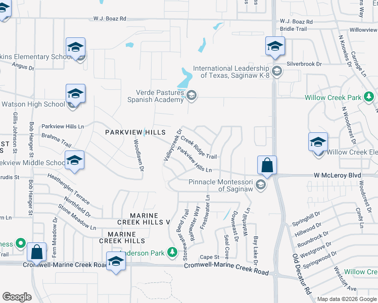 map of restaurants, bars, coffee shops, grocery stores, and more near 4928 Parkview Hills Lane in Fort Worth