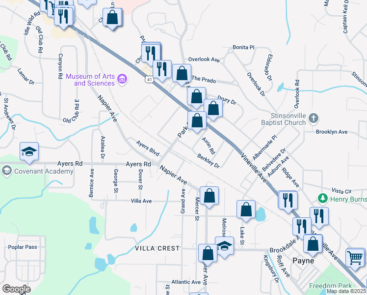 map of restaurants, bars, coffee shops, grocery stores, and more near 3848 Berkley Drive in Macon