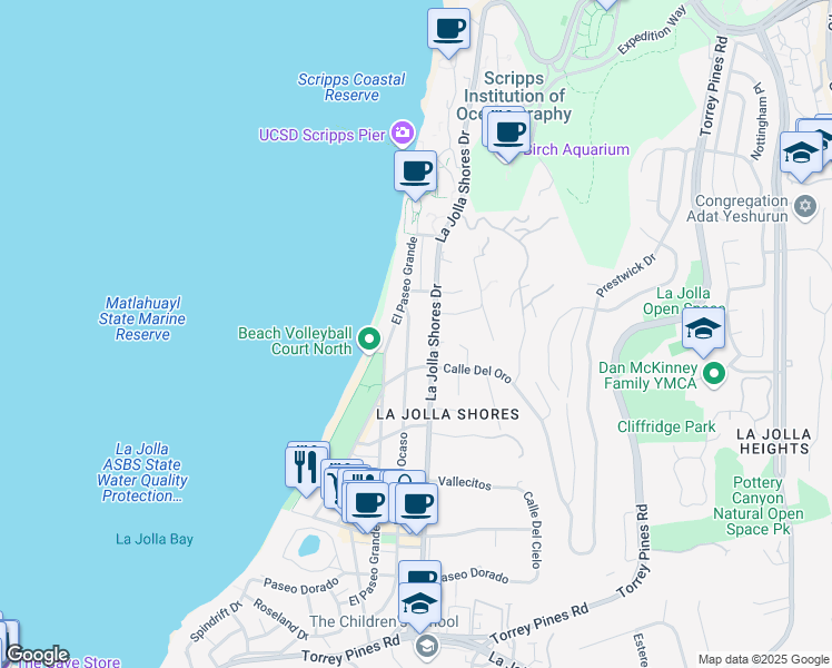 map of restaurants, bars, coffee shops, grocery stores, and more near 8457 Paseo Del Ocaso in San Diego