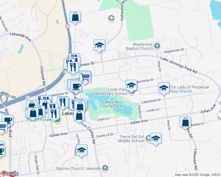 map of restaurants, bars, coffee shops, grocery stores, and more near 9932 Lindo Lake Place in Lakeside