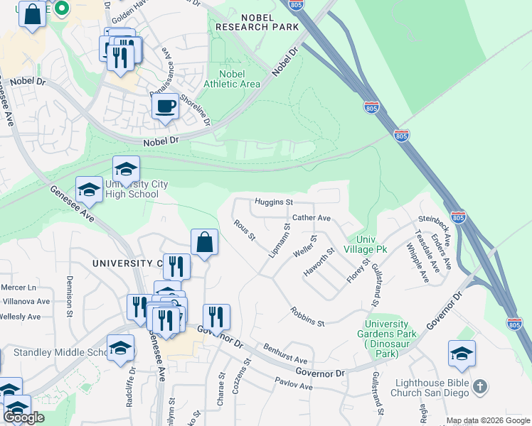 map of restaurants, bars, coffee shops, grocery stores, and more near 4416 Cather Avenue in San Diego