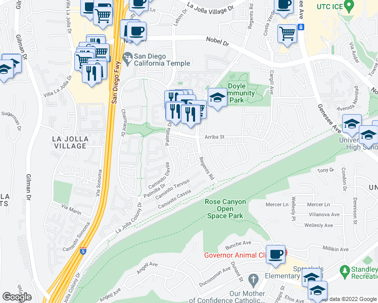 map of restaurants, bars, coffee shops, grocery stores, and more near 4120 Porte De Merano in San Diego