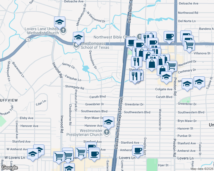 map of restaurants, bars, coffee shops, grocery stores, and more near 5721 Stonegate Road in Dallas