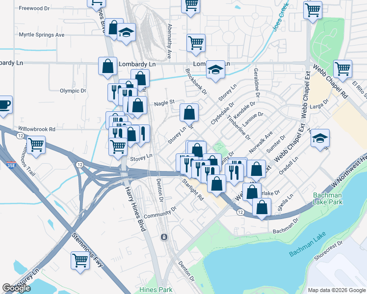 map of restaurants, bars, coffee shops, grocery stores, and more near 2846 Storey Lane in Dallas