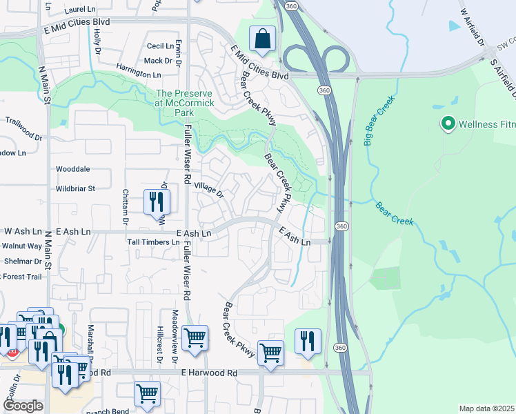 map of restaurants, bars, coffee shops, grocery stores, and more near 855 East Ash Lane in Euless