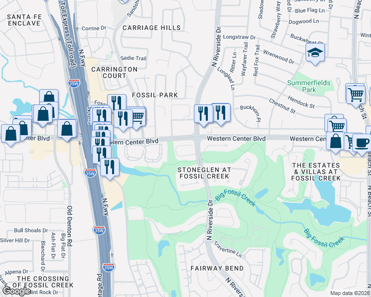 map of restaurants, bars, coffee shops, grocery stores, and more near 3509 Stone Creek Lane North in Fort Worth