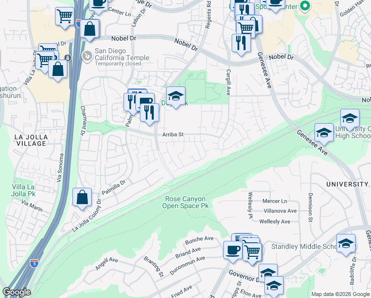 map of restaurants, bars, coffee shops, grocery stores, and more near 7831 Camino Noguera in San Diego