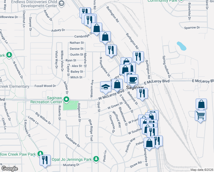 map of restaurants, bars, coffee shops, grocery stores, and more near 220 Kay Lane in Saginaw
