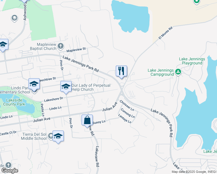 map of restaurants, bars, coffee shops, grocery stores, and more near 13521 Brett Harte Drive in Lakeside
