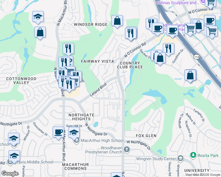 map of restaurants, bars, coffee shops, grocery stores, and more near 4537 North O'Connor Road in Irving