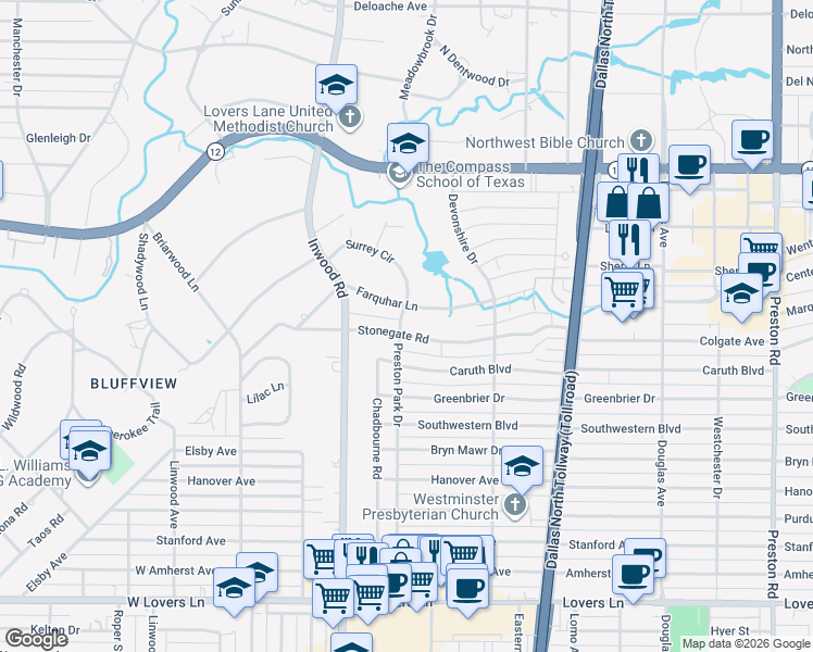 map of restaurants, bars, coffee shops, grocery stores, and more near 5511 Stonegate Road in Dallas
